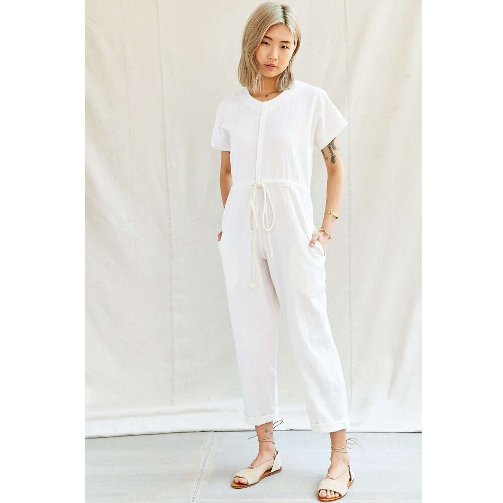 URBAN OUTFITTERS RENEWAL Drawstring Waist Short Sleeve Crop Jumpsuit (White, S)
